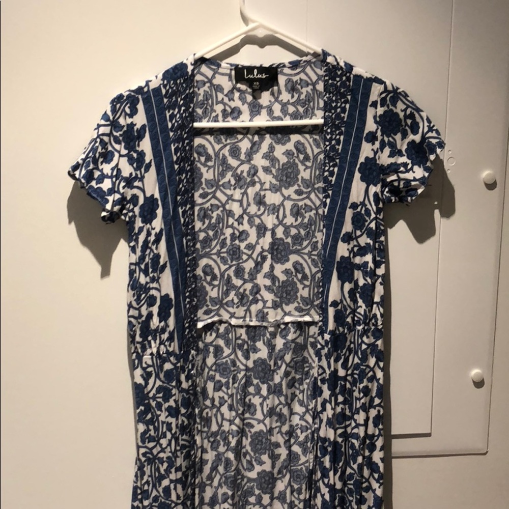 Lulu Long blue & ivory wrap dress